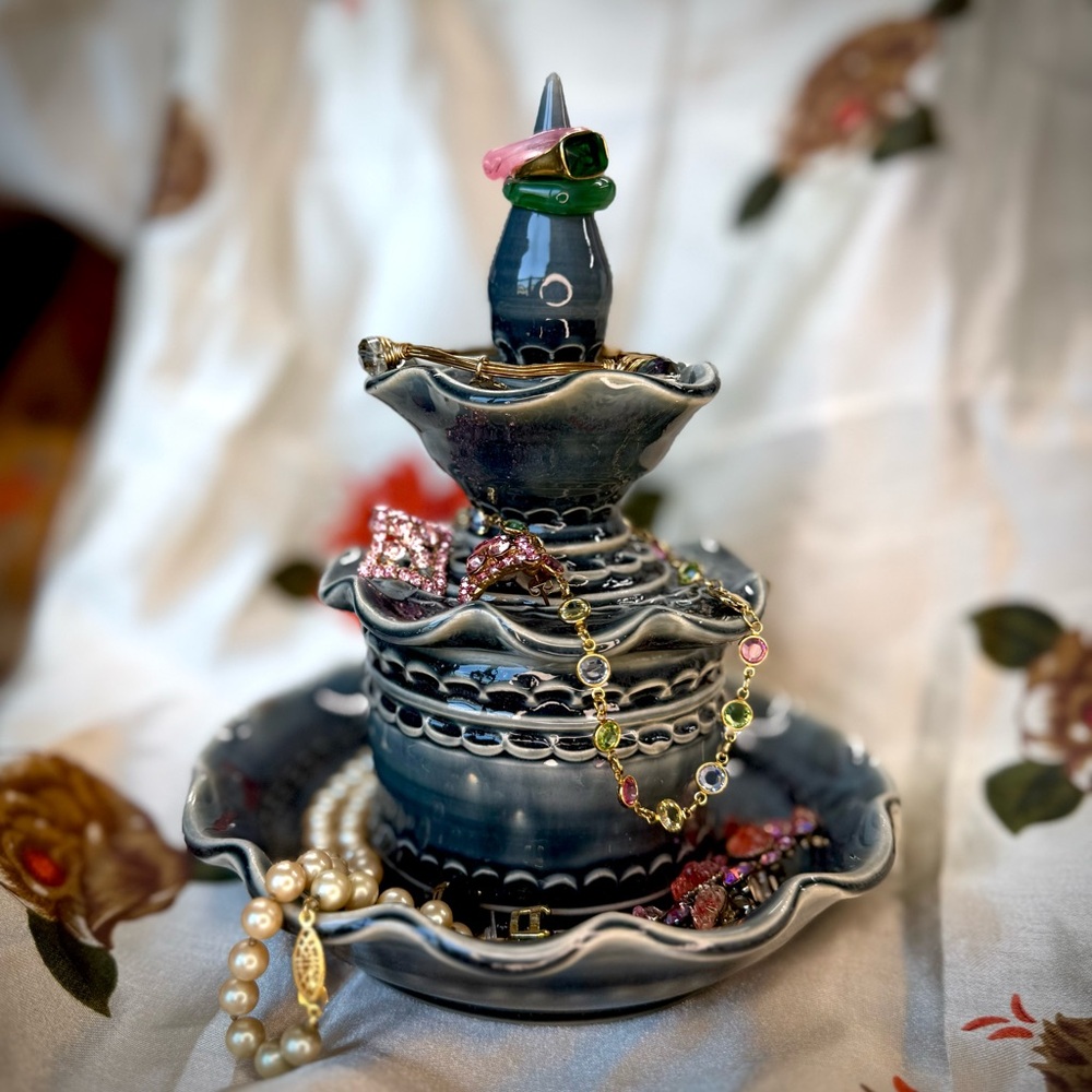 Elegant Handmade Stacking Blue Ceramic Trinket Tower with Ring Holder